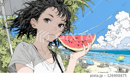 スイカを海辺て食べている若い女性