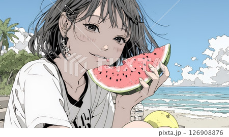 スイカを海辺て食べている若い女性