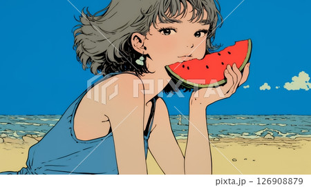 スイカを海辺て食べている若い女性