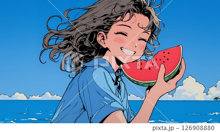スイカを海辺て食べている若い女性