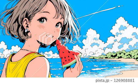 スイカを海辺て食べている若い女性