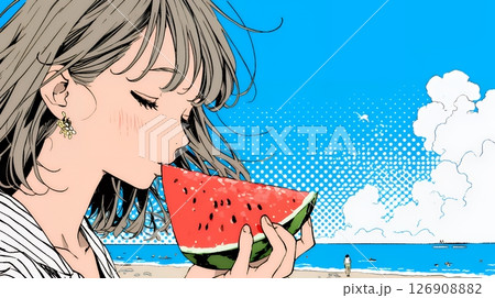 スイカを海辺て食べている若い女性