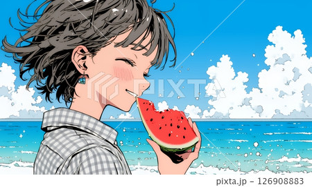 スイカを海辺て食べている若い女性
