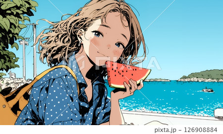スイカを海辺て食べている若い女性