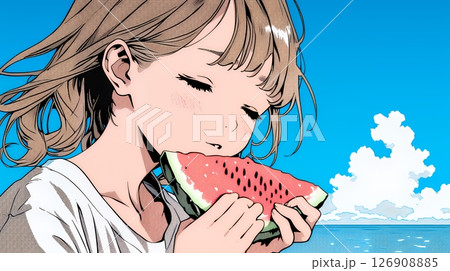 スイカを海辺て食べている若い女性