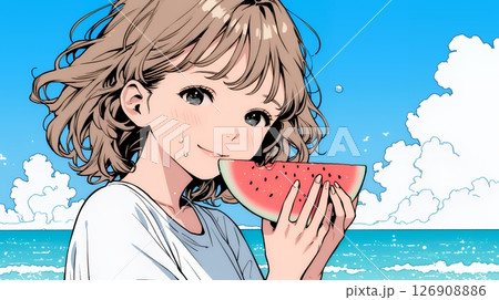 スイカを海辺て食べている若い女性