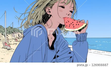 スイカを海辺て食べている若い女性