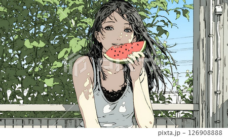スイカを縁側で食べている若い女性