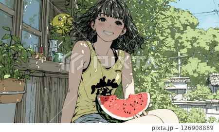 スイカを縁側で食べている若い女性