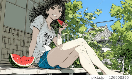 スイカを縁側で食べている若い女性