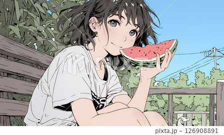 スイカを縁側で食べている若い女性