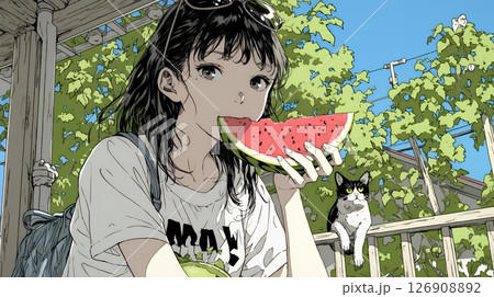 スイカを縁側で食べている若い女性