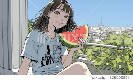 スイカを縁側で食べている若い女性