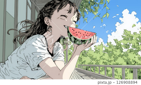 スイカを縁側で食べている若い女性