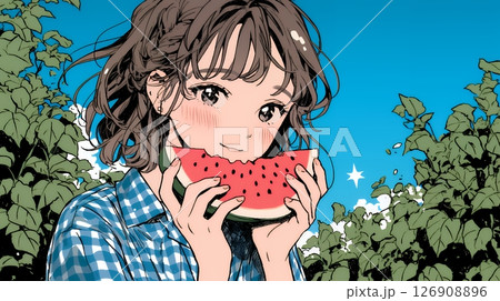 スイカを縁側で食べている若い女性