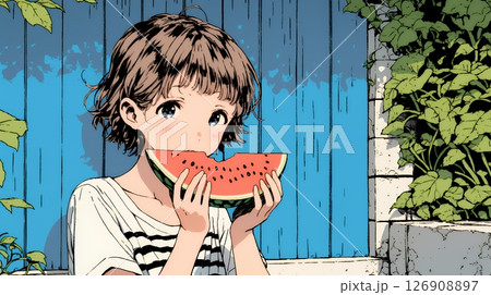 スイカを縁側で食べている若い女性