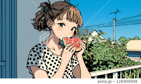 スイカを縁側で食べている若い女性