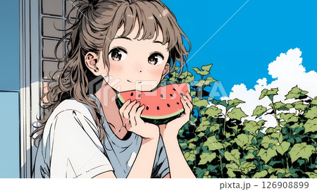 スイカを縁側で食べている若い女性