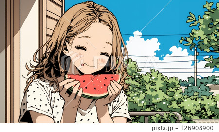 スイカを縁側で食べている若い女性