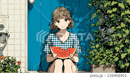 スイカを縁側で食べている若い女性