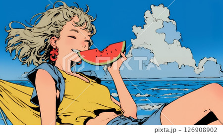 スイカを海辺て食べている若い女性