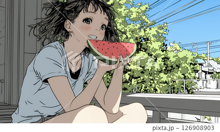 スイカを縁側で食べている若い女性