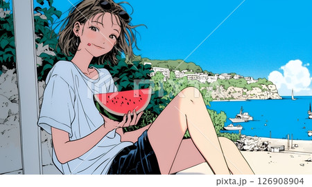 スイカを海辺て食べている若い女性