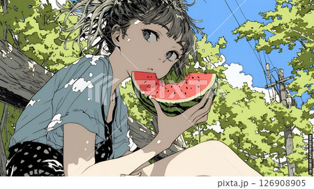 スイカを縁側で食べている若い女性