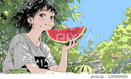 スイカを縁側で食べている若い女性