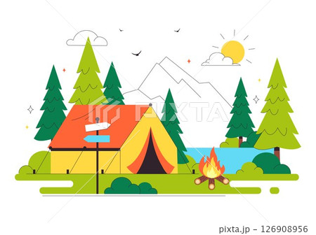 Happy Summer Camping Vector Illustration Featuring a Mountain or Forest Setting for Expedition, Travel, Exploration, and Outdoor Recreation Background 126908956
