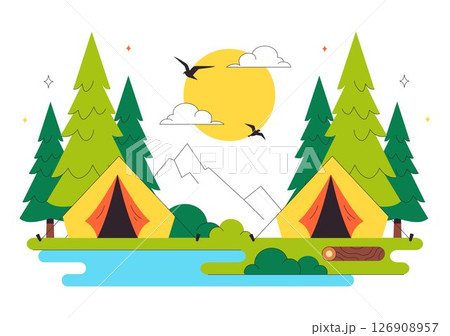 Happy Summer Camping Vector Illustration Featuring a Mountain or Forest Setting for Expedition, Travel, Exploration, and Outdoor Recreation Background Happy Summer Camping Vector Illustration Featuring a Mountain or Forest Setting for Expedition, Travel, Exploration, and Outdoor Recreation Background 126908957