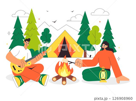 Happy Summer Camping Vector Illustration Featuring a Mountain or Forest Setting for Expedition, Travel, Exploration, and Outdoor Recreation Background 126908960