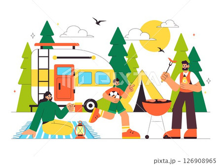 Happy Summer Camping Vector Illustration Featuring a Mountain or Forest Setting for Expedition, Travel, Exploration, and Outdoor Recreation Background 126908965