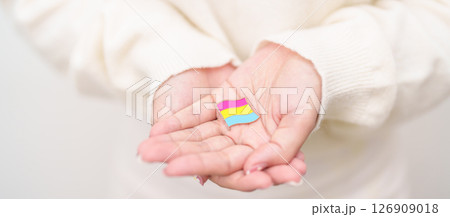 Pansexual Visibility Day and Panromantic May Awareness Day and LGBT pride month concept. hand holding pink, yellow and blue heart shape for Lesbian, Gay, Bisexual, Transgender and Marriage Equality 126909018