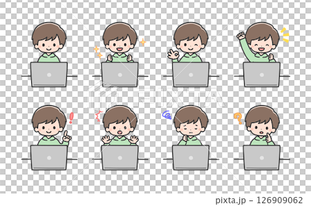 A boy operating a laptop computer with various expressions 126909062