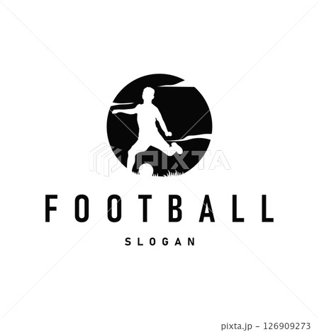 football logo design of a running sport with a black silhouette concept of a football player with a simple illustration of a symbol. Template for a poster, brand, business, team or other. 126909273