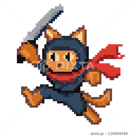 ピクセルアート オレンジ色の忍者猫キャラクター(ドット絵) ピクセルアート オレンジ色の忍者猫キャラクター(ドット絵) 126909390