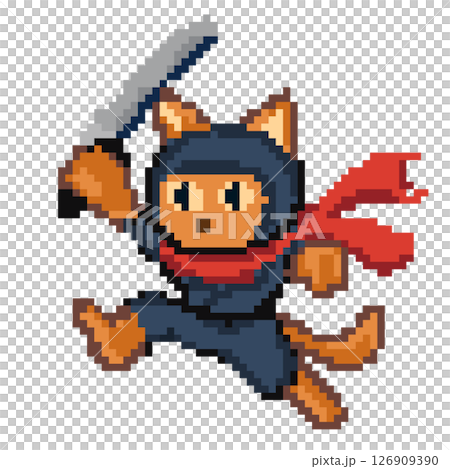 ピクセルアート オレンジ色の忍者猫キャラクター(ドット絵) ピクセルアート オレンジ色の忍者猫キャラクター(ドット絵) 126909390