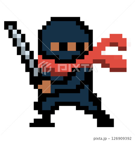 ピクセルアート 黒い忍者キャラクター 刀を構えたドット絵 126909392