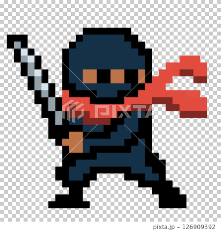 ピクセルアート 黒い忍者キャラクター 刀を構えたドット絵 126909392