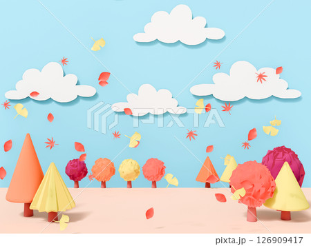 秋の色づいた木々と舞う落ち葉の3DCG風景 126909417