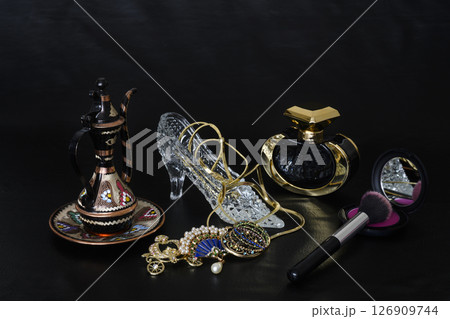 Vintage copper jug, crystal slipper and jewelry Vintage copper jug, crystal slipper and jewelry 126909744