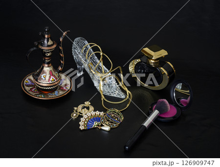 Vintage copper jug, crystal slipper and jewelry Vintage copper jug, crystal slipper and jewelry 126909747