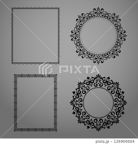 Set of decorative frames Elegant vector element for design in Eastern style, place for text. Floral black and gray borders. Lace illustration for invitations and greeting cards 126909884
