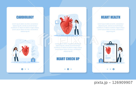 Cardiology banner set. Heart exam and treatment. Female cardiologist make diagnosis and choose therapy. ECG concept. Vector illustration in flat cartoon style. Prevention of heart diseases Cardiology banner set. Heart exam and treatment. Female cardiologist make diagnosis and choose therapy. ECG concept. Vector illustration in flat cartoon style. Prevention of heart diseases 126909907