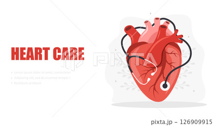 Heart care concept. Medical check up. Big realistic heart with stethoscope. Heart rate monitor. Flat Vector illustration. Heart care concept. Medical check up. Big realistic heart with stethoscope. Heart rate monitor. Flat Vector illustration. 126909915