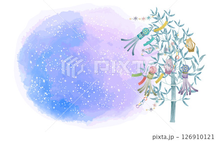 水彩で描いた笹飾りと淡い水彩テクスチャの銀河のフレーム 水彩で描いた笹飾りと淡い水彩テクスチャの銀河のフレーム 126910121