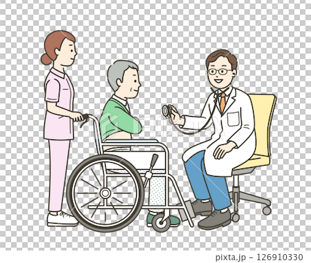 A full-body illustration of an elderly man sitting in a wheelchair receiving a medical examination at a hospital and a doctor using a stethoscope A full-body illustration of an elderly man sitting in a wheelchair receiving a medical examination at a hospital and a doctor using a stethoscope 126910330