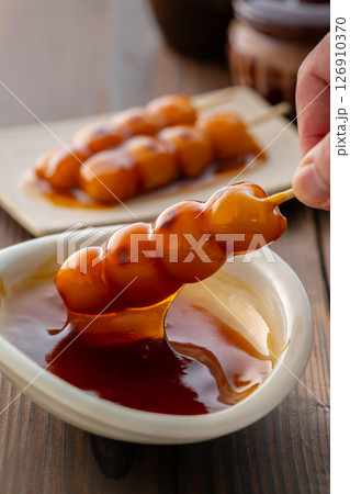 Grilled Mitarashi Dango with Sweet Soy Glaze Grilled Mitarashi Dango with Sweet Soy Glaze 126910370