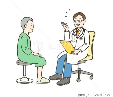 人間ドッグを受ける高齢男性と男性医師の全身イラスト 126910659